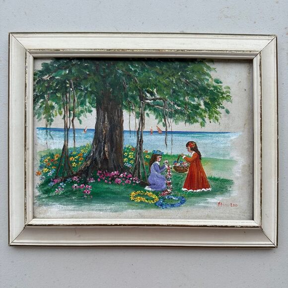 Vintage Local Hawaii Artist Edna Loo Original Canvas Oil Painting Signed - Picture 1 of 3
